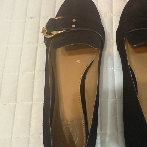 Tory Burch Black Suede Loafers with Gold Buckle - Picture 9 of 11